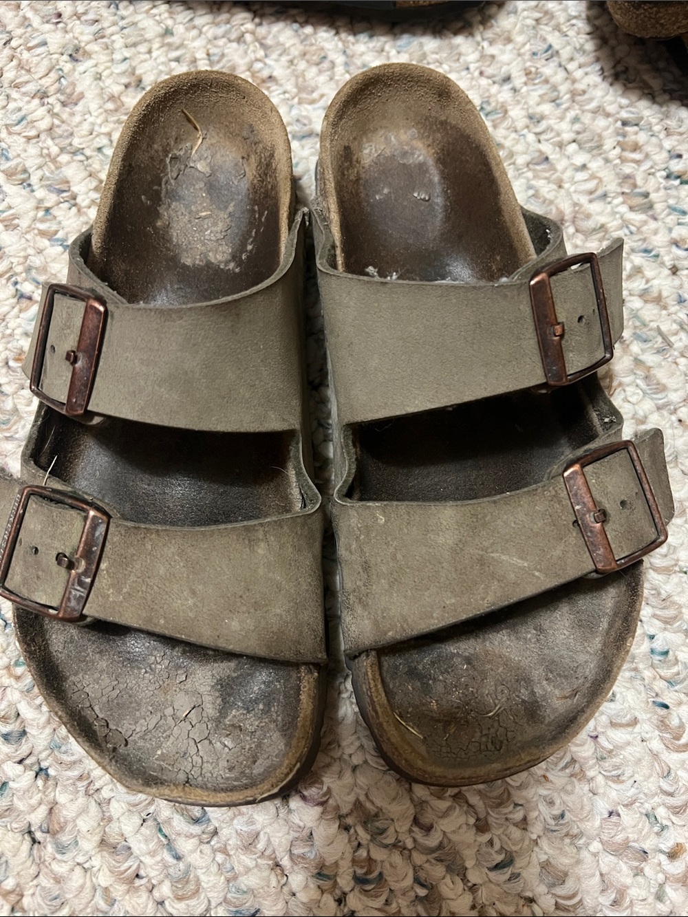 Birkenstock Olive Green Suede Two-Strap Sandals with Brown Buckles
